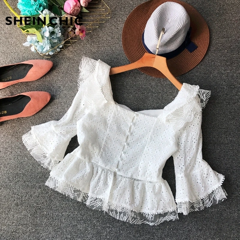 

Short Runway Tops 2019 Spring Vintage White Lace Embroidery Ruffles Blouses And Tops Womens Streetwear