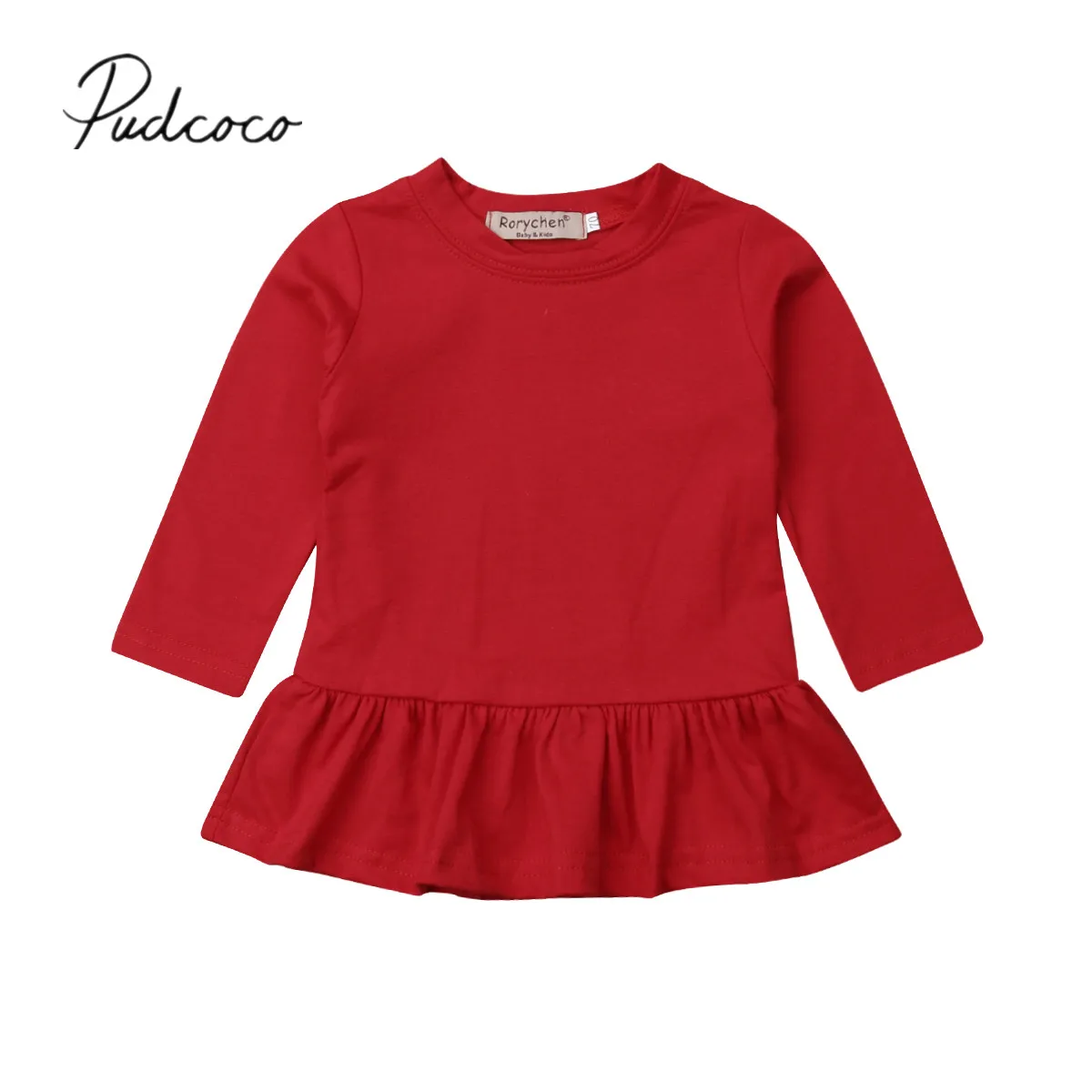 2019 Brand New Toddler Kids Baby Girls Solid Red T Shirts Tops Dress Ruffles Long Sleeve