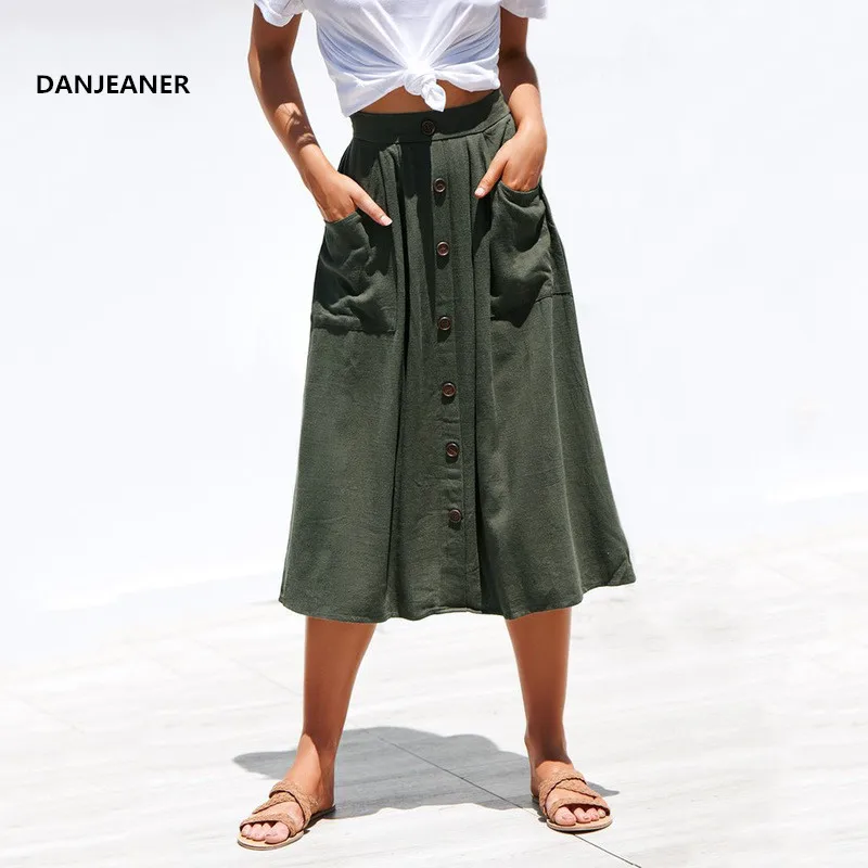 

DANJEANER Women Summer Casual Loose Cotton Skirts with Two Pockets Fashion Solid Slim A-line High Waist Mid-Calf Skirts 2019