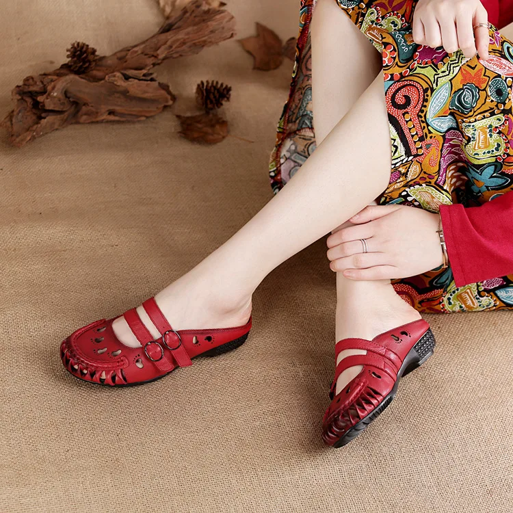 

2019 Women's Shoes Hollow Genuine Leather Sandals Flat Bottom Slipper