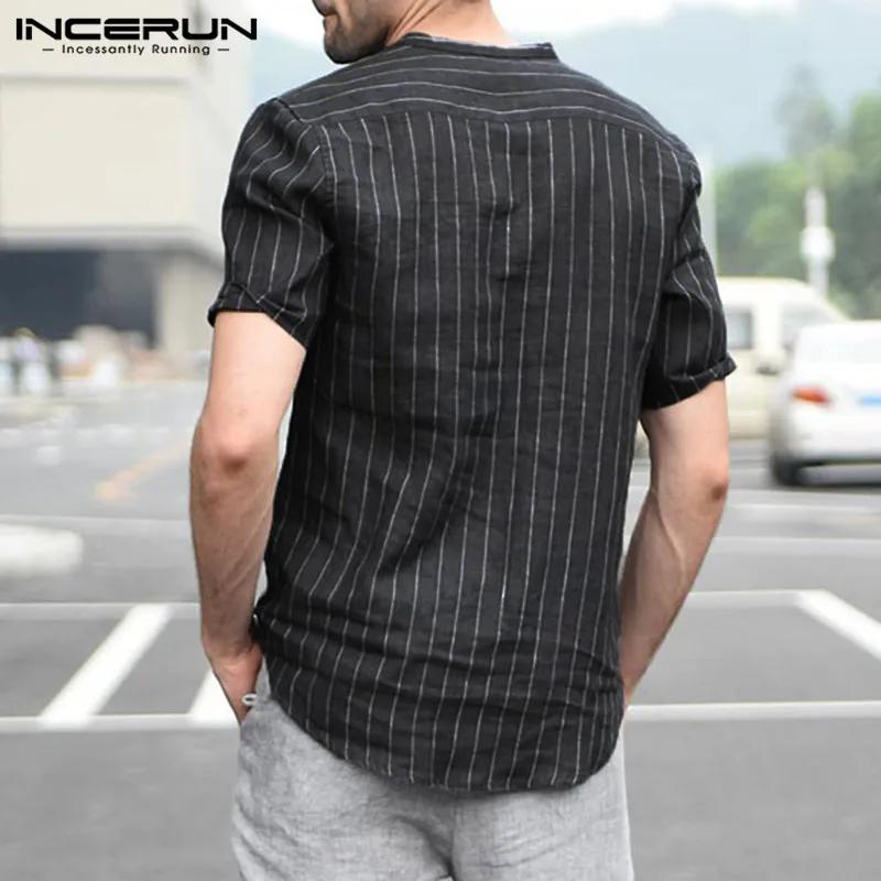 INCERUN عارضة رجل قميص شريطية قصيرة الأكمام زر ضئيلة القطن قميص موقف طوق السترة الأزياء الاجتماعية قمم الرجال S-3XL 2019