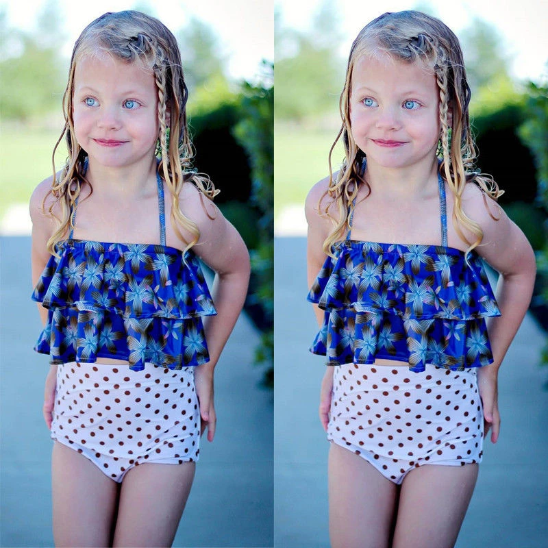 Детский комплект бикини для маленькой девочки, милый купальник с высокой талией с принтом, танкини, купальный костюм, пляжная одежда, детские купальные костюмы