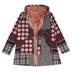 Плюс Размеры Для женщин с капюшоном с длинным рукавом Винтаж дамы флис толстый пальто на молнии пальто 2018 зимняя куртка