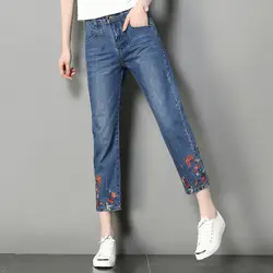Джинсы с цветочной вышивкой для женщин, летние джинсы с высокой талией, Капри, большие размеры, женские синие джинсовые штаны, C3957