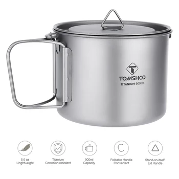 

TOMSHOO 900ml Titanium Pot Portable Titanium Water Mug Cup with Lid and Foldable Handle Outdoor Camping Traveling Cooking Picnic