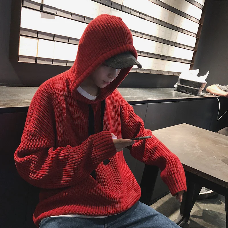 

Fashion Men's New Personality Autumn And Winter M-XL Casual Temperament Solid Color Long-sleeved Hooded Knit Sweater Youth