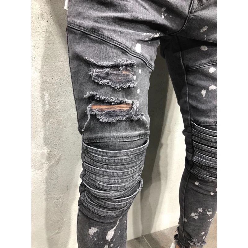 2018 new Men Ripped Dot Printed Skinny Jeans Destroyed Frayed Slim Fit Denim Pant casual men slim hole Zipper balck jeans pants
