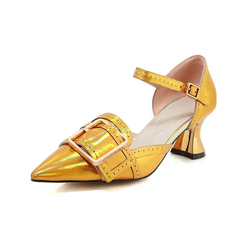 

19ss Bright Patent Leather Lady Gladiator Sandals Square Buckle Sexy Pointy Toe Ankle Strap Sandals High Heel Casual Woman Shoes