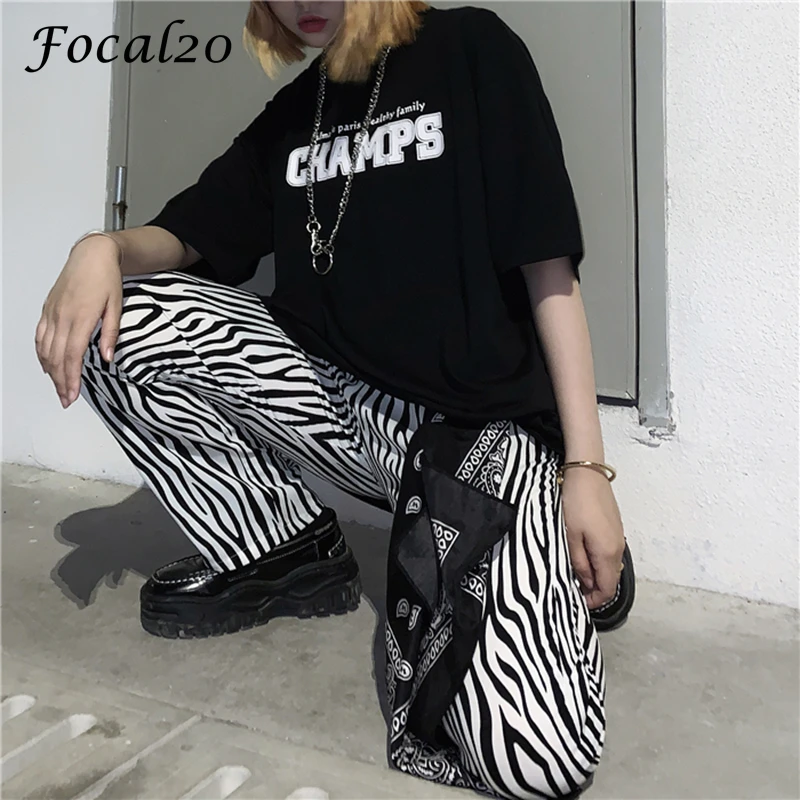 Женские прямые брюки Focal20 Harajuku с принтом зебры свободные черные и белые высокой