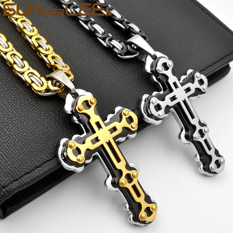 

SUNNERLEES 316L Stainless Steel Jesus Christ Cross Pendant Necklace Byzantine Link Chain Silver Gold Black Men Boys Gift SP234