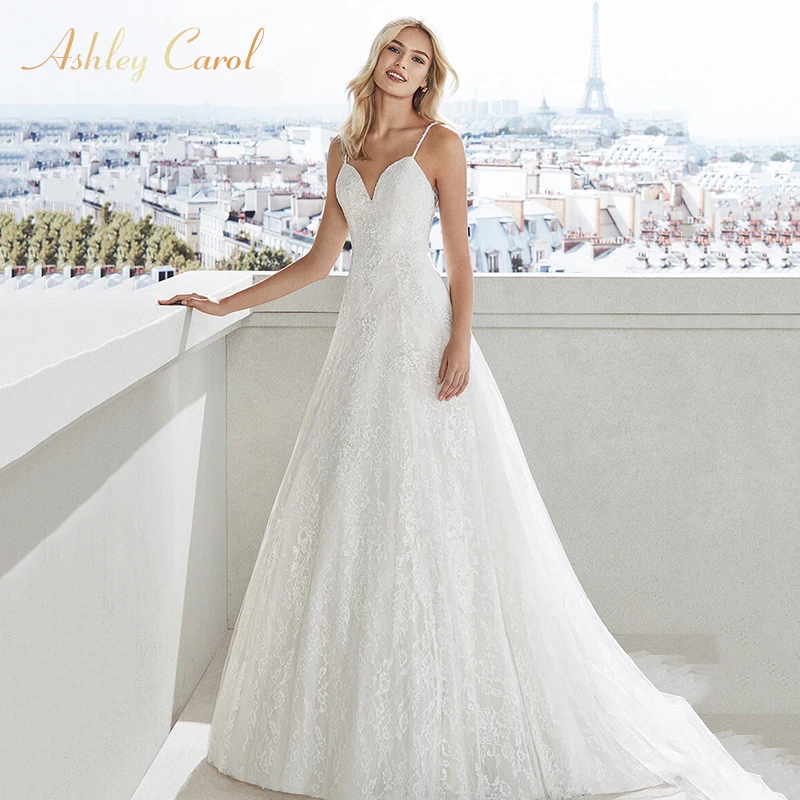 

Ashley Carol Appliques A-Line Wedding Dress 2019 V-neck Lace Spaghetti Straps Court Train Vintage Bride Gown Vestido de Noiva