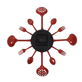 

red Brief Modern Large Wall Clock Stainless Steel Wall Watch Magic Spoon Fork Quartz Needle 3D Clock Living Room Home Decor Hous
