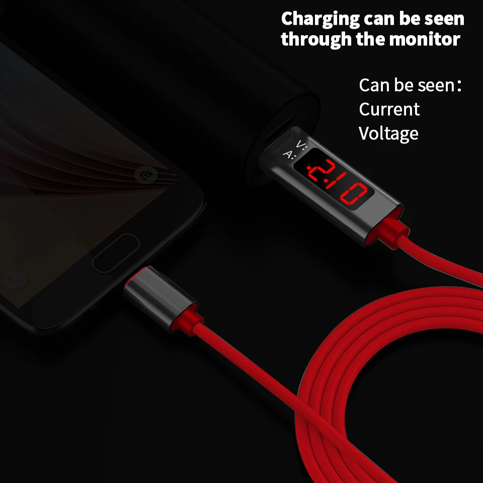 Кабель для зарядки Micro usb type-C, отображение напряжения и тока, нейлоновый Плетеный прочный шнур, 3 А, быстрое зарядное устройство и USB кабель для синхронизации данных, 1 м