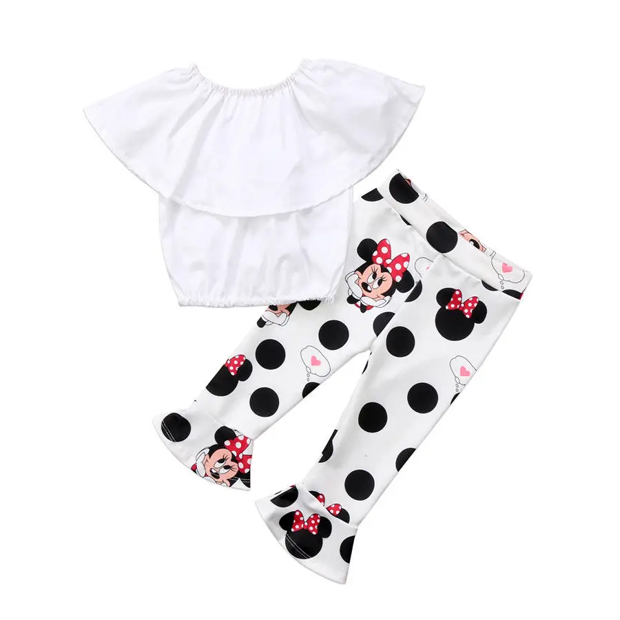 

Toddler Kids Girls Off Shoulder Tops Cute Minnie Bell-Bottom Pants Outfit Set Children Clothes