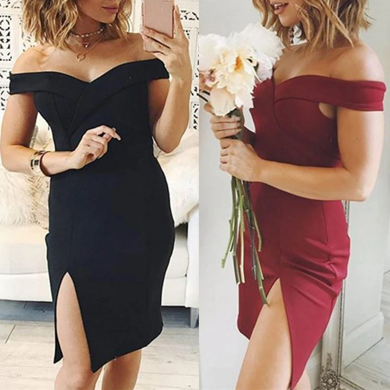 

Summer Ladies Polyester Bandeau Cocktail Party Ball Sexy Boat Neck Split Formal Mini Dress