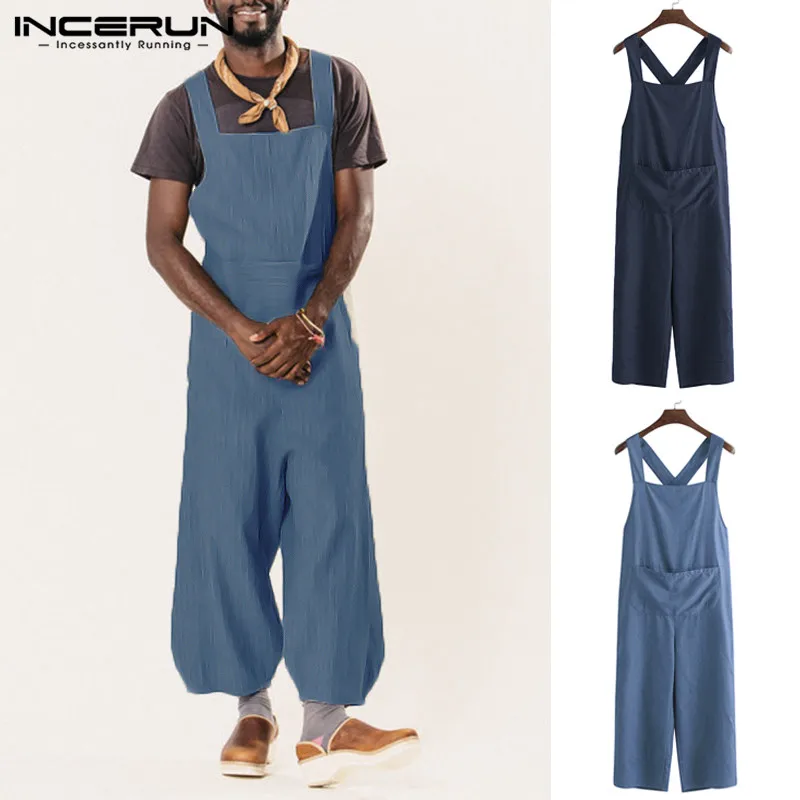 2020 Men Denim Jumpsuit Straps Romper Wide Leg Pants Loose Pockets Solid Color Streetwear Casual Suspenders Men Overalls INCERUN 2020 Men Denim Jumpsuit Straps Romper Wide Leg Pants Loose Pockets Solid Color Streetwear Casual Suspenders Men Overalls INCERUN