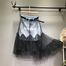 Для женщин юбки марлевые нерегулярные джинсовая юбка Лидер продаж Высокая Талия Слои сетки Джинсовая юбка универсальные размера плюс; летние юбки;