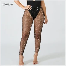 Women Sexy Mesh Diamonds Fishnet Sheer Pants Elastic High Waist Sex Skinny See Through Pearls Trouser Ladies Nightclub Wet Look