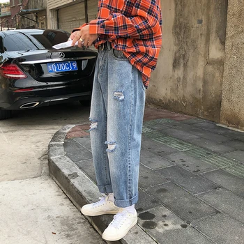 

2019 Summer Men's Wash Holes Baggy Homme Blue Color Jeans Loose Male Casual Pants Fashion Trend Biker Denim Trousers S-2XL