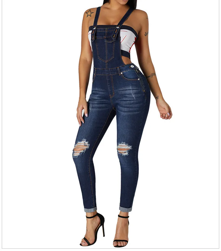 2019 Women Denim Jumpsuit Slim Jeans Rompers Casual Hole Denim Overall Playsuit With Pocket