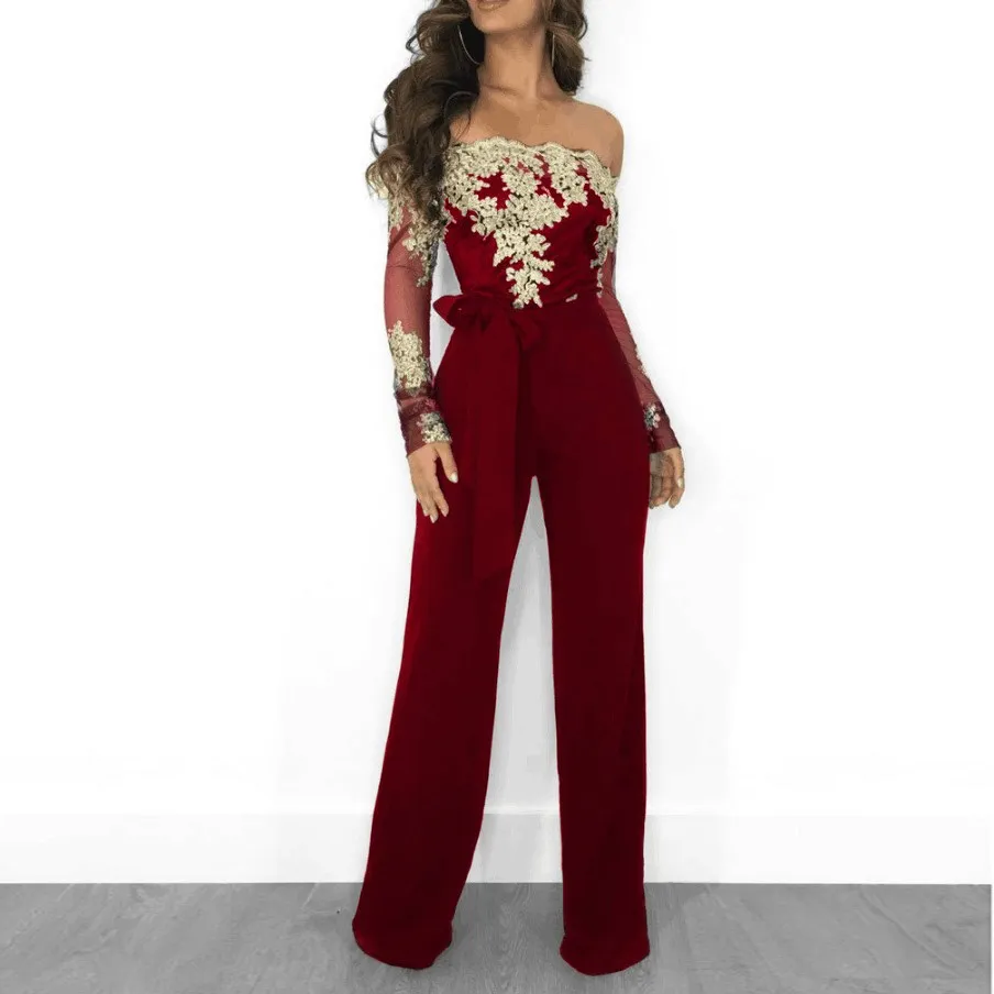 Mesh Patchwork Embroidery Sexy Party Jumpsuit Women Slash Neck Long Sleeve Wide Leg Jumpsuit Sashes Elegant Long Bodysuit Mesh Patchwork Embroidery Sexy Party Jumpsuit Women Slash Neck Long Sleeve Wide Leg Jumpsuit Sashes Elegant Long Bodysuit