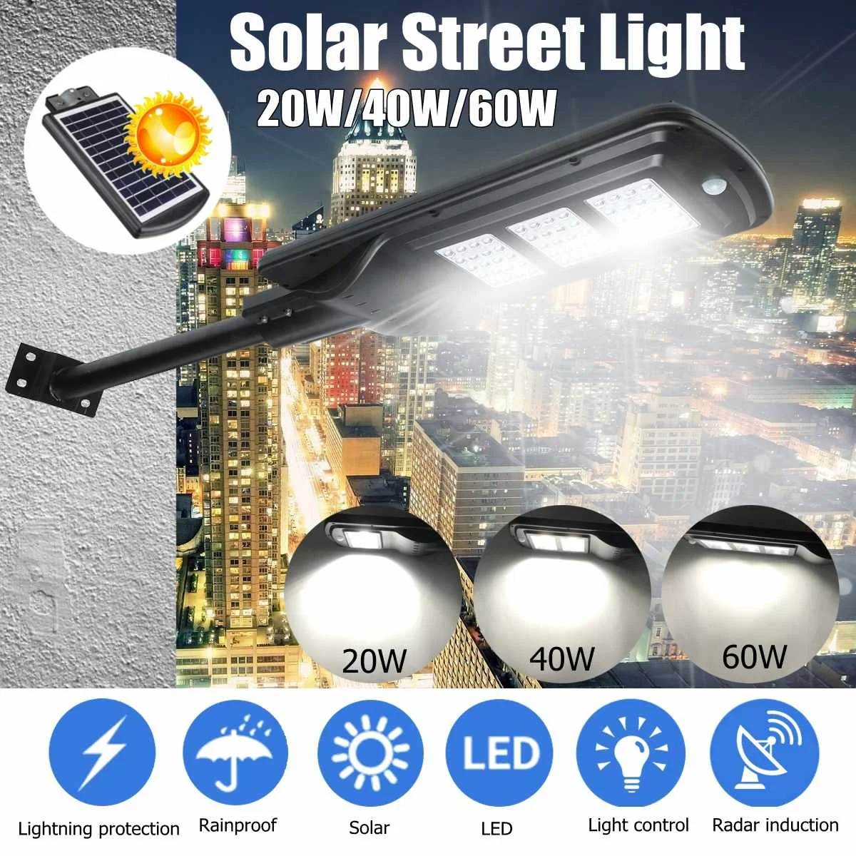 

20W 40W 60W LED Wall Street Solar Light Radar Induction Motion Sensor Outdoor Solar Lamp