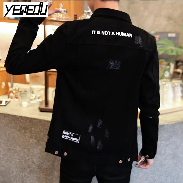 #7406 Spring2019 Harajuku Ripped Jeans Jacket Men Black Streetwear Destroy Casual Slim Denim Jeans Men Windbreaker Bomber Jacket