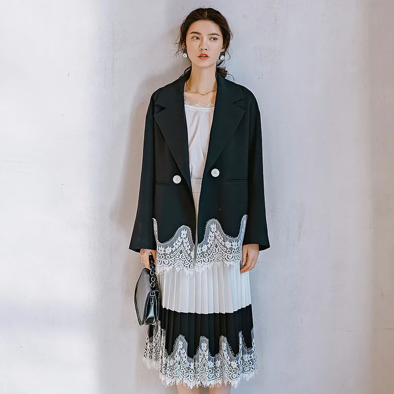 Couleur Q003 Bureau Black De Patchwork Ourlet Veste 2019 Blazers Design Dentelle Personnalité Contraste Femme Style Mode Nouveau IE92WHD