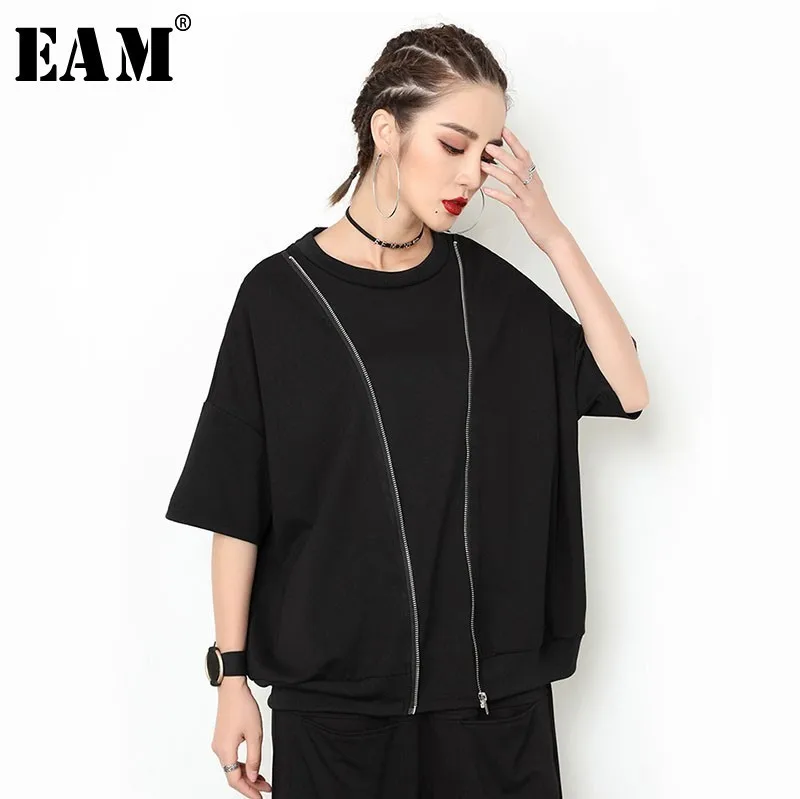 

[EAM] 2019 New Spring Summer Round Neck Short Sleeve Zipper Decoration Split Joint Big Size T-shirt Women Fashion Tide JO122