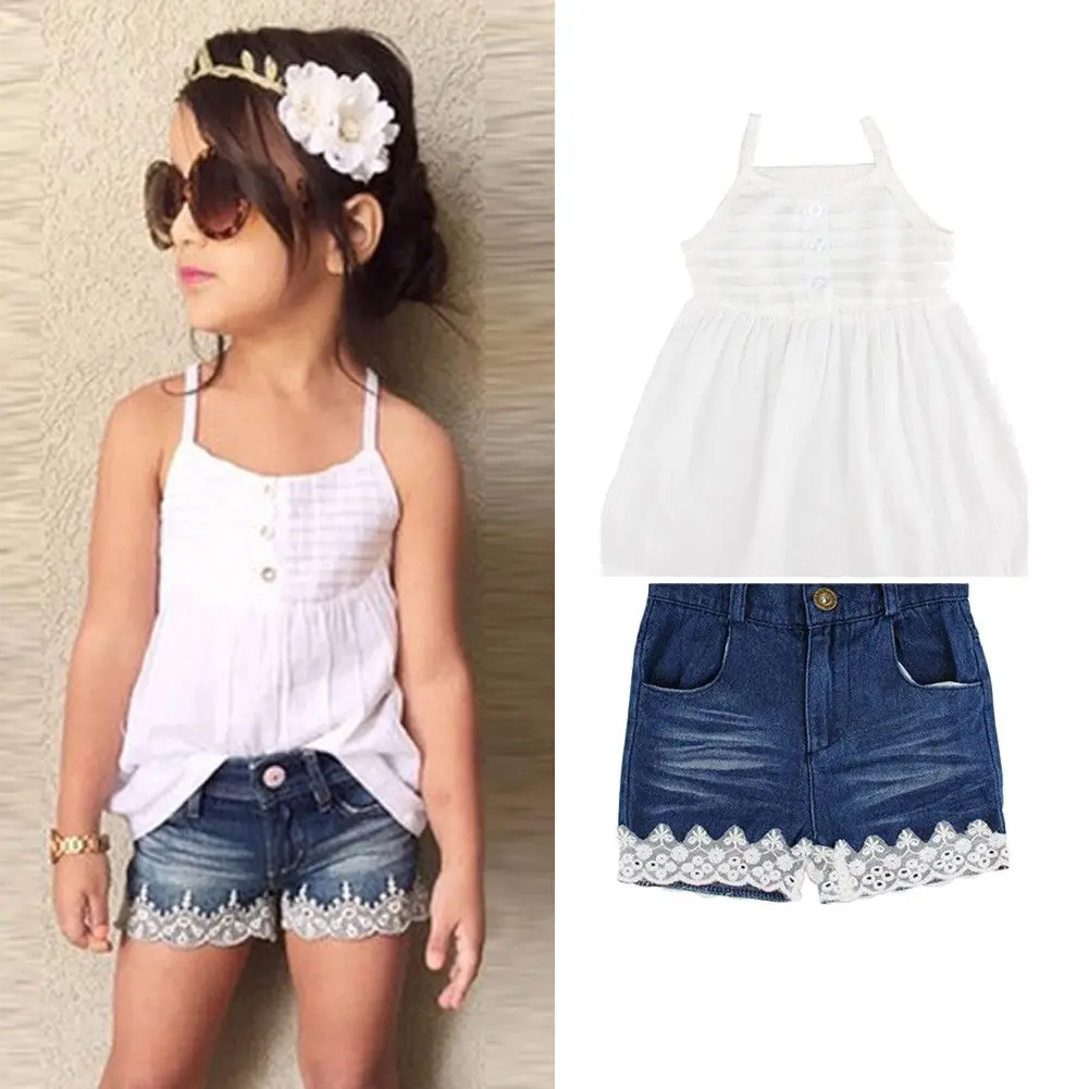 

2019 Summer Kids Toddler Baby Girls Outfit Clothes Strap White T Shirt Tops Dress+ Denim Short Pants Cute Fashion Set