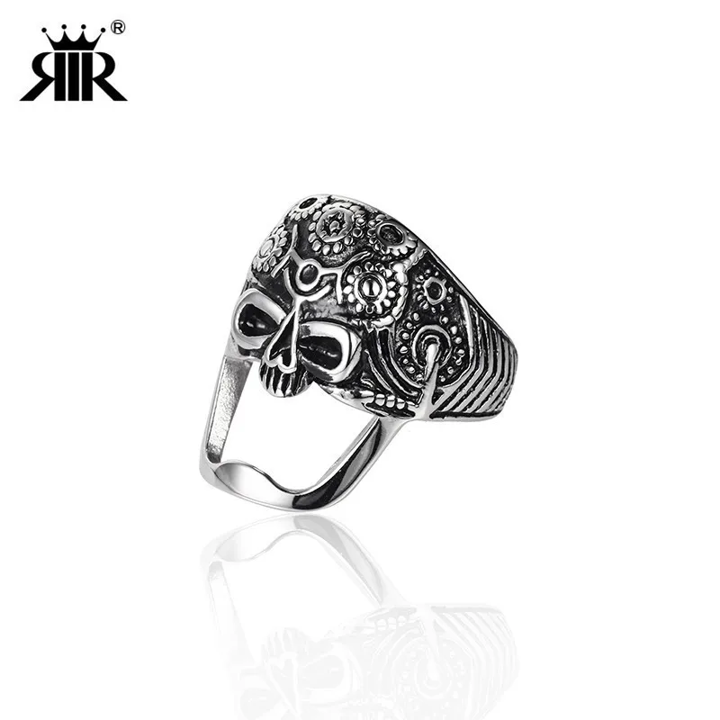 

RIR Stainless Steel Punk Rock Skull Bottle Opener Ring Black Skeleton Mexico Sugar Skull Men Cool Finger Ring