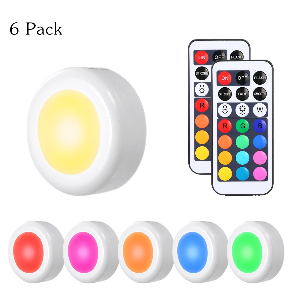 

6 Pack New LED Light RGB LED Cabinet Light Puck Lamp with 2 Remote Controller 13 Colors for Cloakroom Cupboard Wardrobe Kitchen