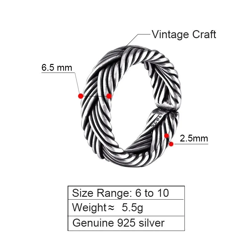 ZABRA плетеное обручальное кольцо 925 пробы Серебряное кольцо Бохо вечность регулируемые унисекс Женские кольца мужские широкие винтажные кольца с хвостом