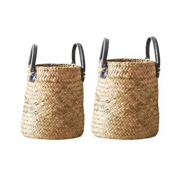 

2 PCS/Set Seaweed Woven Vase Dry Flower Basket Innovative Decorative Lightweight Handmade Foldable Seagrass Belly Laundry Basket