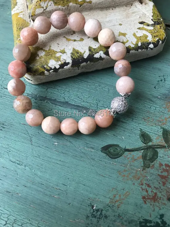 

Pave Silver Plated Pave Ball Beaded Bohemia Faceted Sunstones Stretch Bracelet