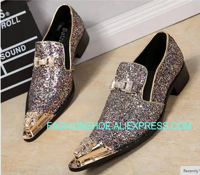 

100% Brand New Men Shoes Handmade Pointed Gold Metal Toe Dress Shoes Men Shiny Wedding/Party Shoes Sapatos Masculino
