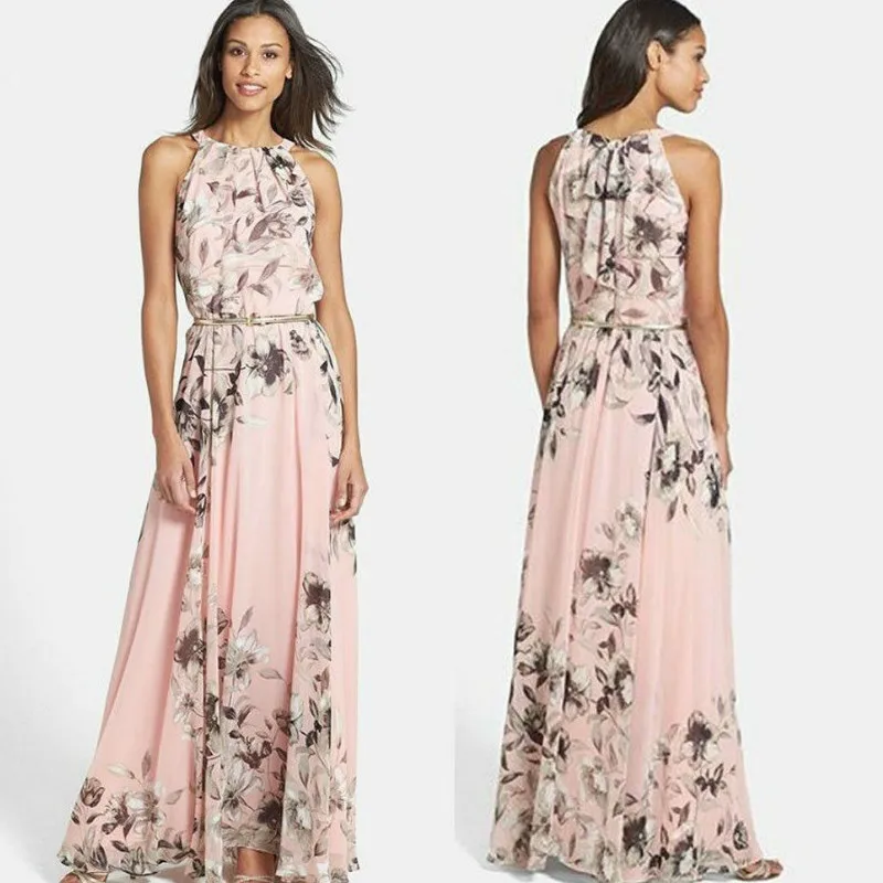 

Off the Sholder Pink Floral Printed Dress 2019 Fashion Women Chiffon Beach Dresses Sundresses