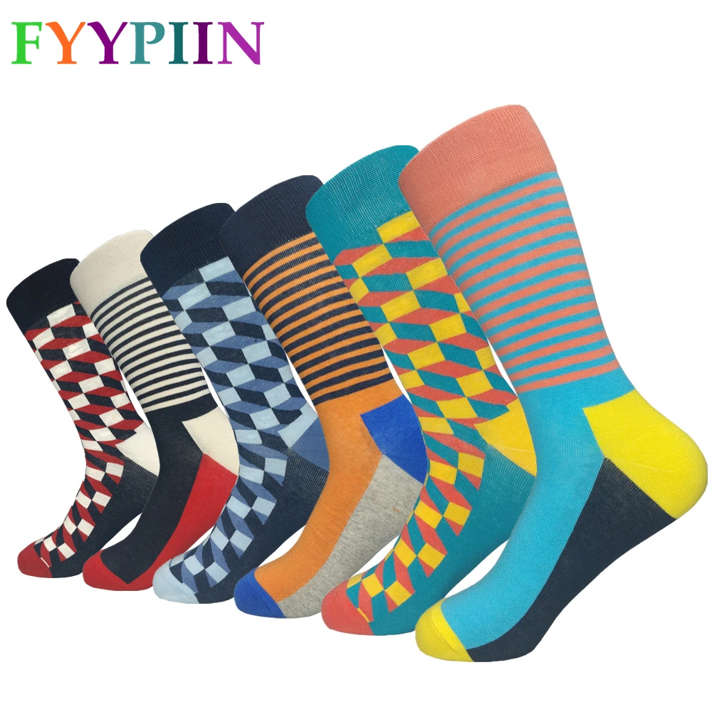 

2019 Quality Men Socks Casual New Standard Lengthened Version Fashion Male Gradient Grid happy Clothes Cotton Socks Men