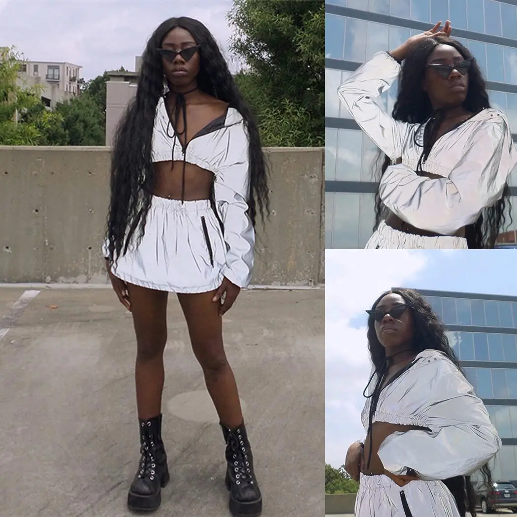 

Women Fashion Solid Reflective Hooded Long Sleeve 1 x Casual Crop Zip Top High Waist Mini 1 x Skirt 1 x Outfits