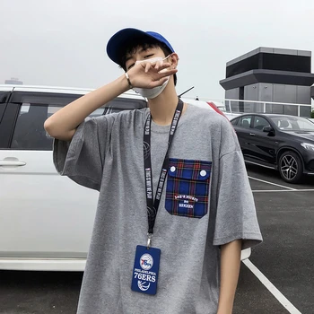 

2019 Summer Men's Letter Printing Pattern Plaid Pocket Round Neck Short Sleeve Cotton Clothing Grey/black Color T-shirts M-XL