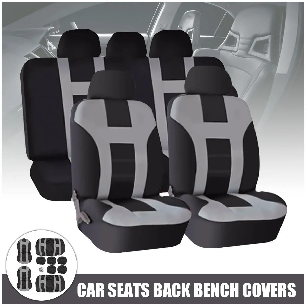 

9 Pcs/Set Universal Car Seat Covers Front Rear Protectors Washable Grey&Black Four Seasons