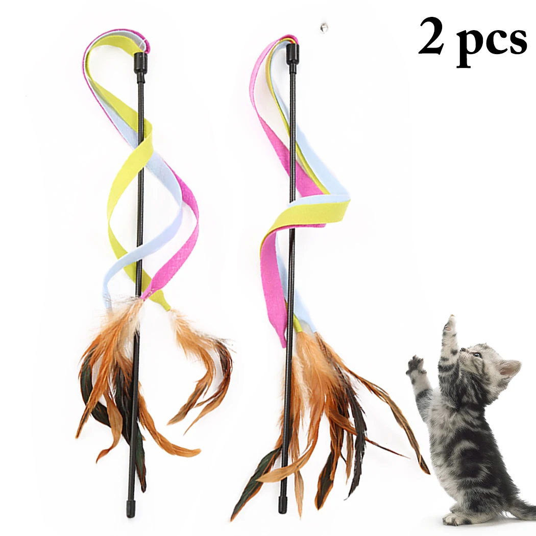 

2PCS Three Colored Cloths With Feather Bells Cat Teaser Wand Creative Feather Ribbon Cat Teaser Toy Cat Interactive Toy