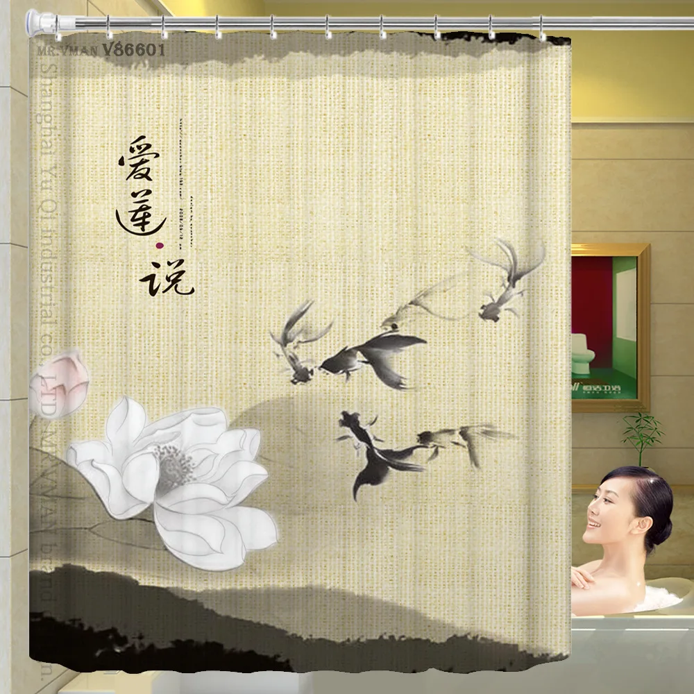 Traditional Chinese Style Ink Lotus Shower Curtain flowers shower