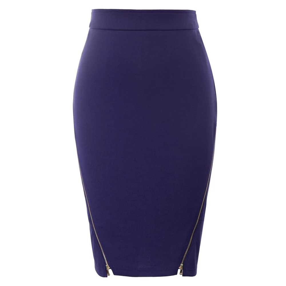 

Women's Vintage Metal Zipper skirts office wear ladies business work skirts solid Split Hem Hips-wrapped Bodycon Pencil Skirt