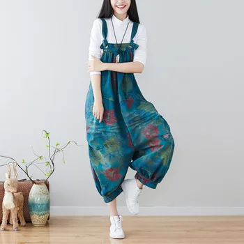 

Women wide leg Denim Jumpsuits Knitted cowboy Bib Overalls Printed Large size Denim Bloomers pants baggy Low Crotch Joggers