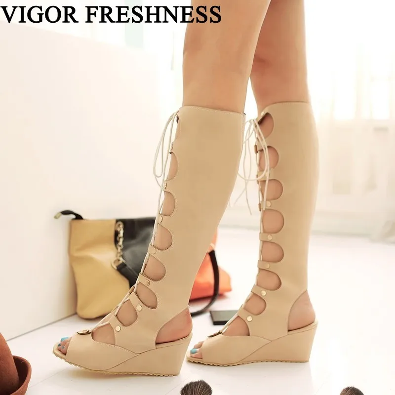 

VIGOR FRESHNESS Boots Women Shoes Summer Boots Mid Calf Woman Boots Wedges Heels Shoes Spring Rome Ladies Shoes 7.5CM MY194
