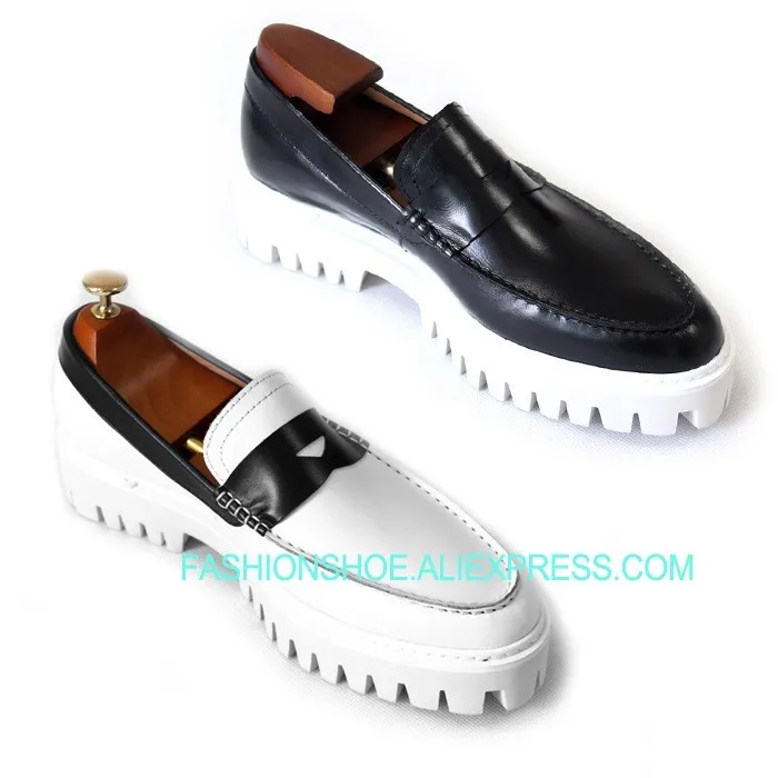 

White Black Platform Losse Shoes for men Slip on Genuine leather Driving Loafers Spring Hot 2018