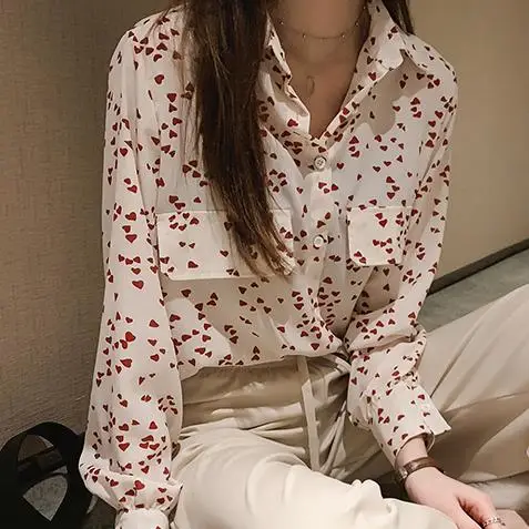 

Autumn 2019 Loose Bow Bandage Blouse Red Heart Print Chiffon Blouses Long Sleeve Pink Shirt Casual Cute Basic Tops New