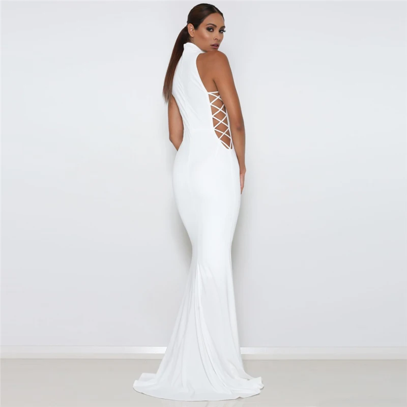 Сексуальное летнее однотонное Макси-Платье с открытой спиной и лямкой на шее, красное, Белое Женское длинное платье на шнуровке, элегантное облегающее вечернее платье Vestidos