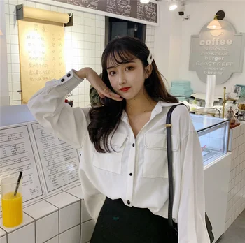 

Lychee Girls Pocket Solid Color Blouses Female Long Sleeve Turn Down Collar Single Breasted Shirts Spring Casual Women Shirts